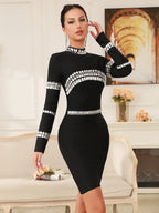 Robe de soirée mini noire élégante à manches longues, ornée de diamants et de perles pour femmes