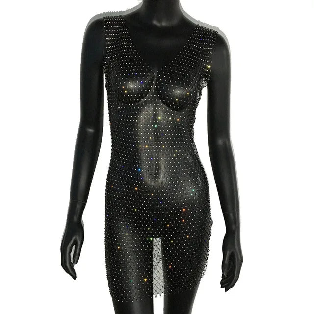 Robe de soirée en résille scintillante, strass, paillettes pour femmes