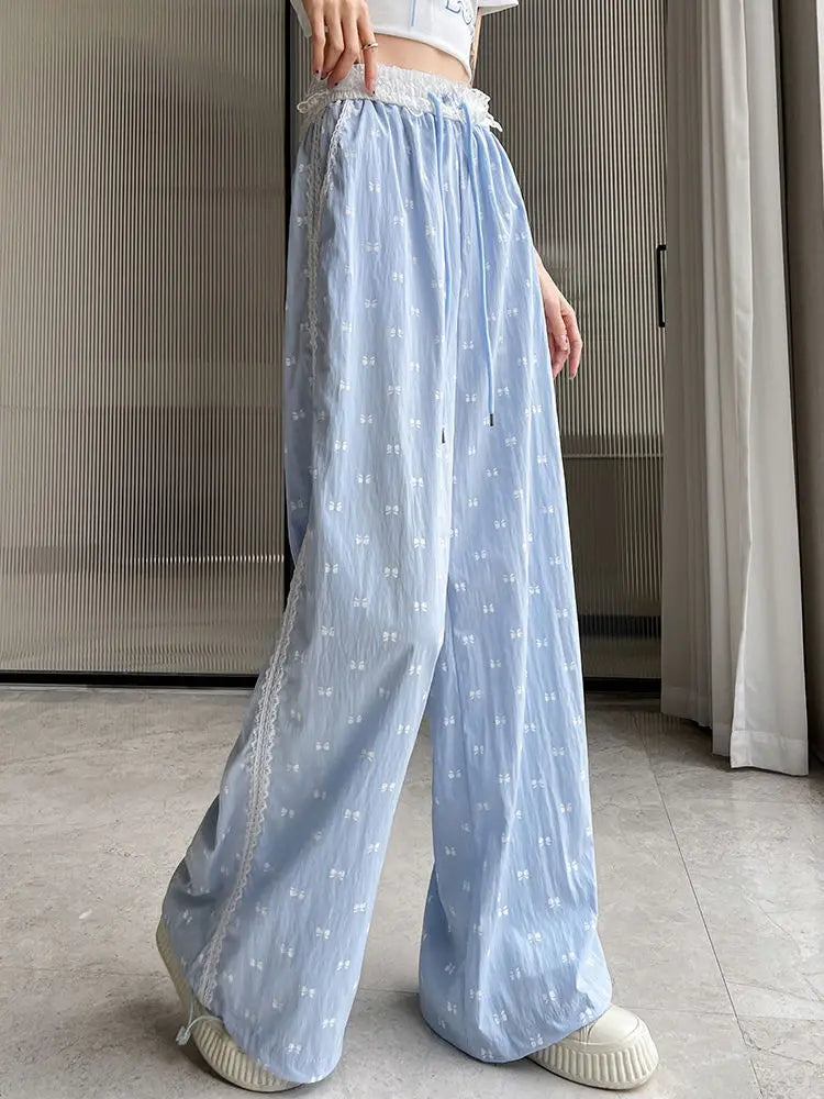 Pantalon décontracté en dentelle mélangée rose avec nœud imprimé pour femmes