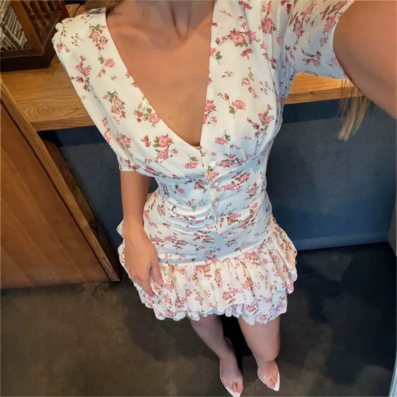 Robe mini à col en V et imprimé floral pour femmes