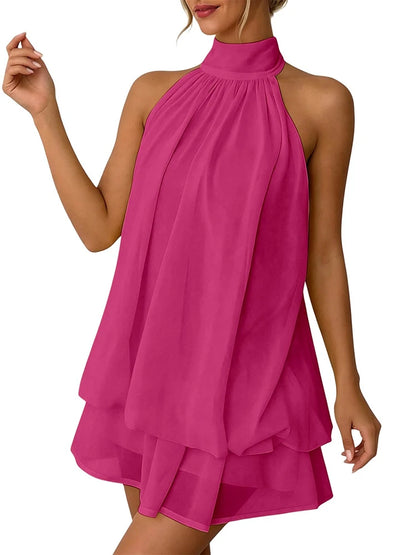 Robe Courte Femme – Mousseline, Col Licou et Dos Nu