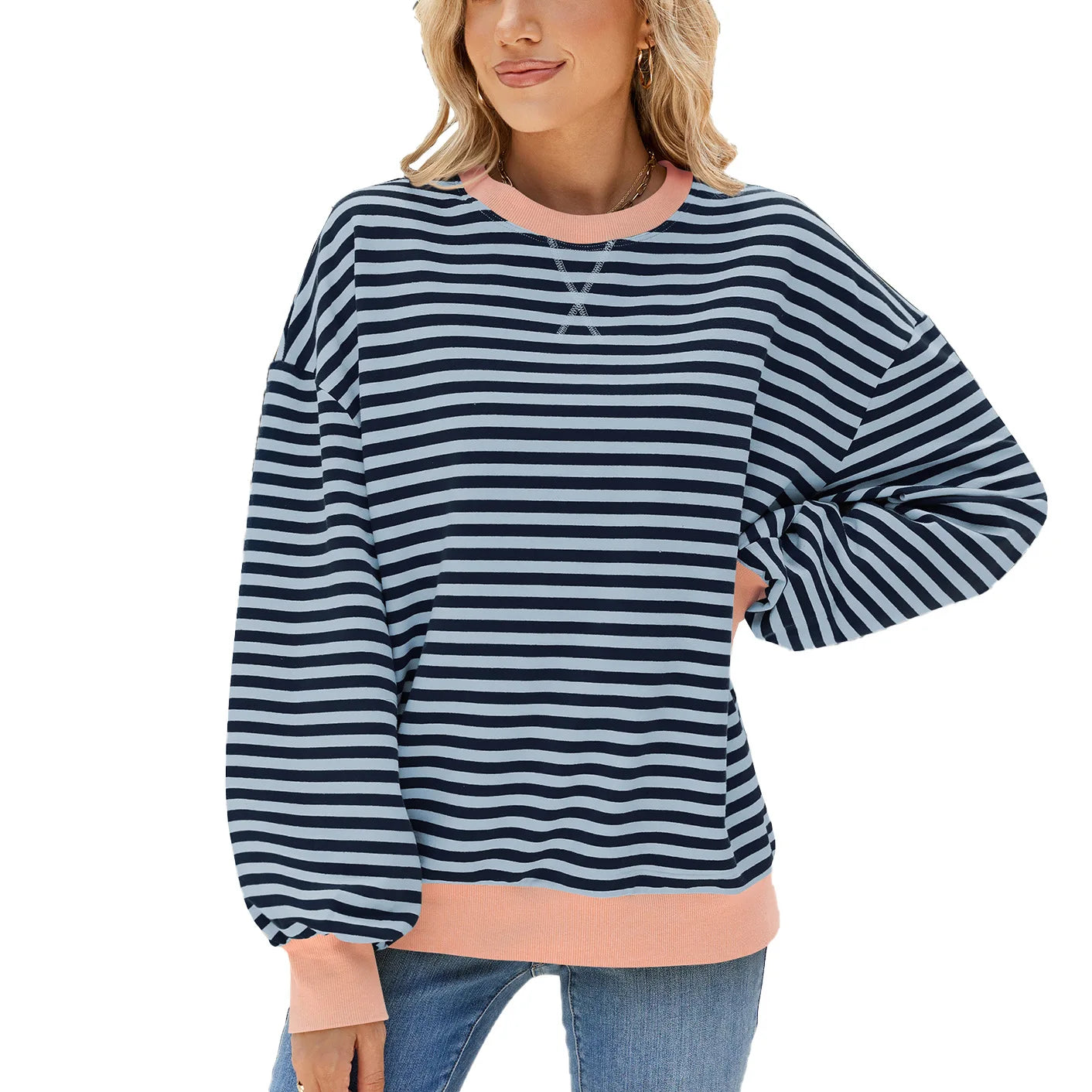 T-shirt à manches longue décontracté ample rayé pour femmes