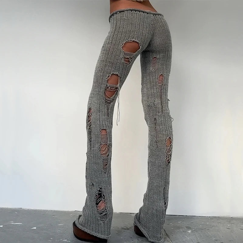 Pantalon skinny femme long en maille tricotée