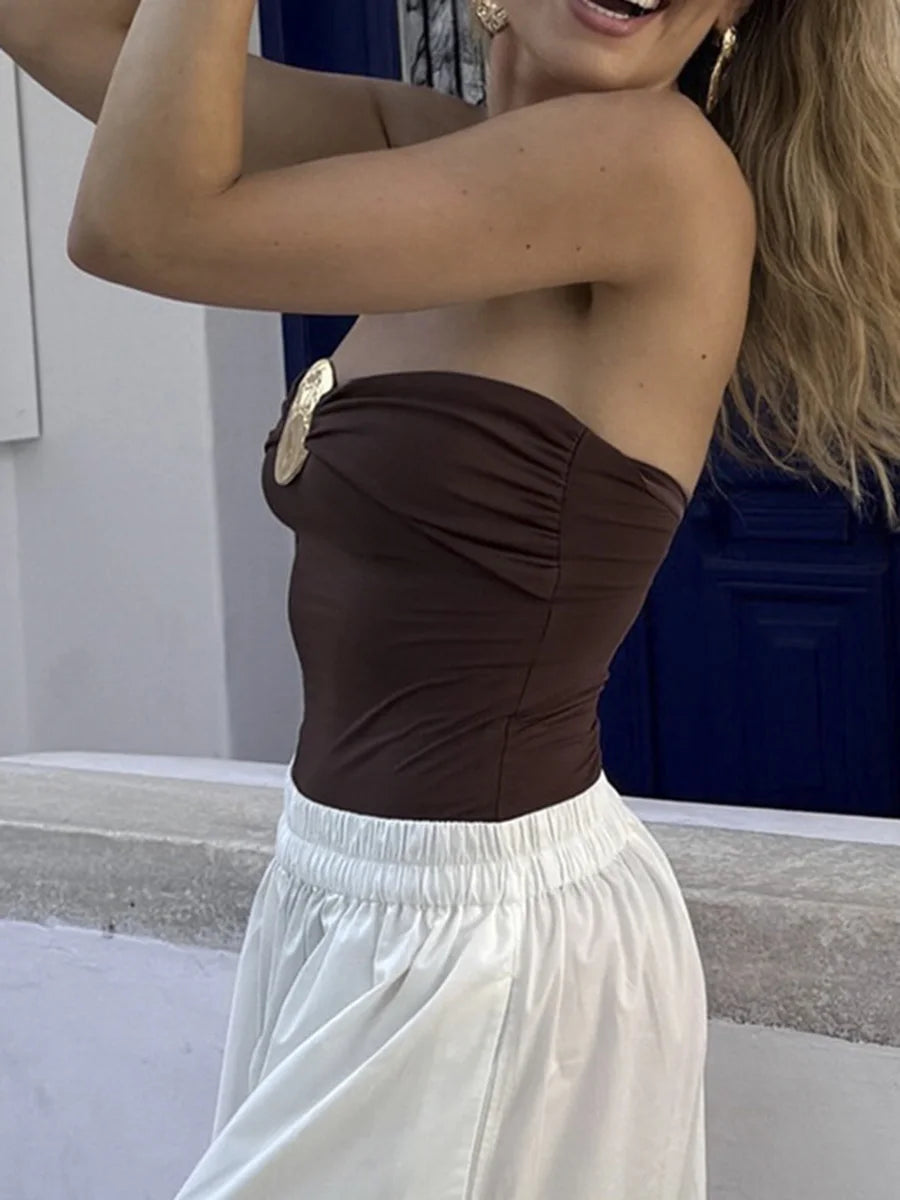 Maillot de bain bandeau une pièce sexy à boucle métallique pour femmes