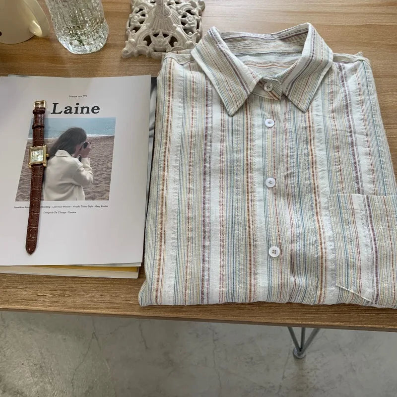 Chemisier Rayé Femme – Léger, Anti-UV et Col à Revers