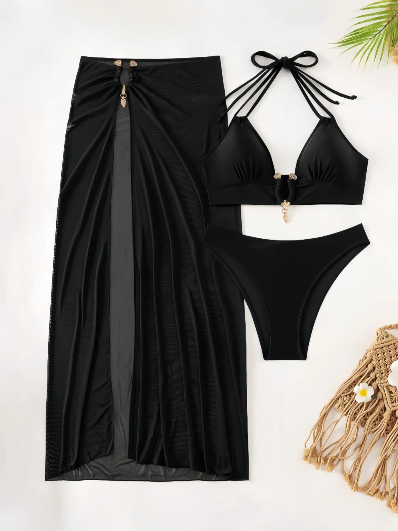 Maillot de bain bikini trois pièces avec bretelles à nouer autour du cou pour femmes