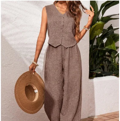 Ensemble deux pièces en coton lin gilet court haut + pantalon pour femmes