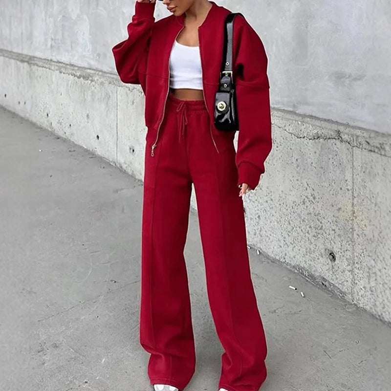 Ensemble cardigan court ample à fermeture éclair + pantalon de survêtement à cordon de serrage pour femmes