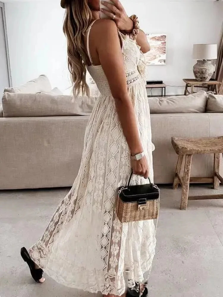 Robe Longue d'Été Femme – Dentelle et Col V