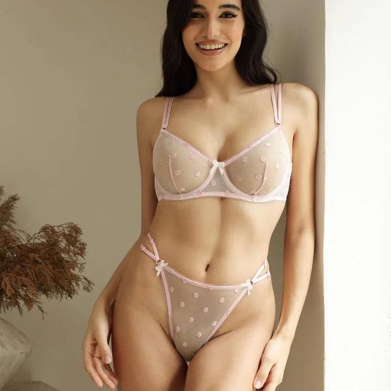 Ensemble de lingeries soutien-gorge sexy en dentelle à pois et résille et string pour femmes