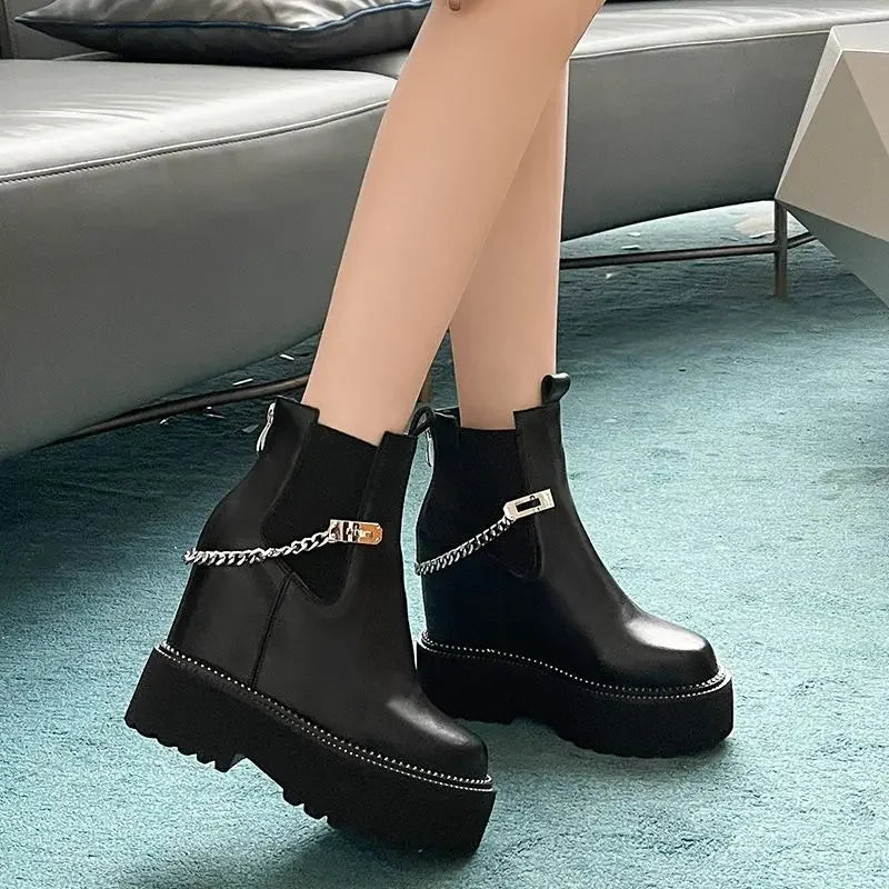 Bottine compensées en cuir véritable pour femmes