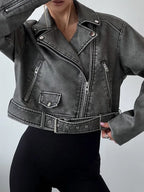 Veste Pu Faux cuir rétro ample avec fermeture éclair pour femmes