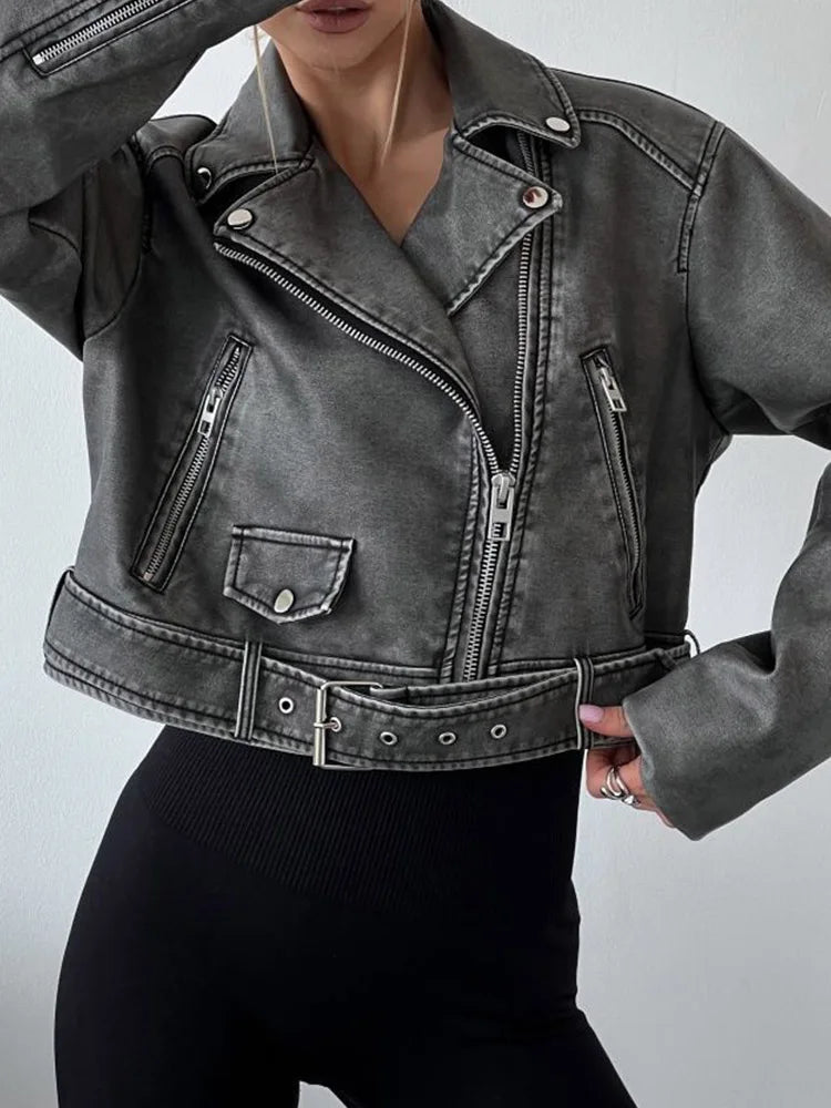 Veste Pu Faux cuir rétro ample avec fermeture éclair pour femmes
