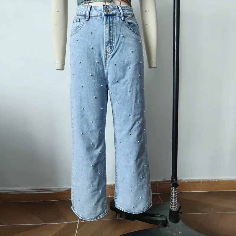 Pantalon droit en jean à perles pour femmes