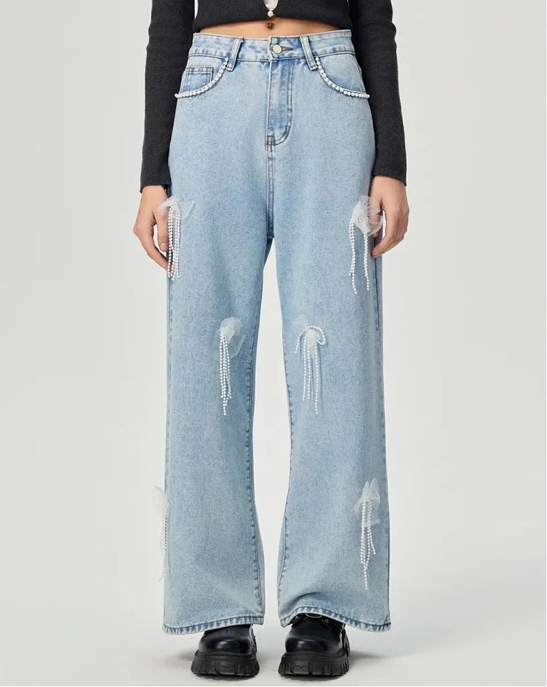 Jean taille haute brodé amincissant à jambe large pour femmes