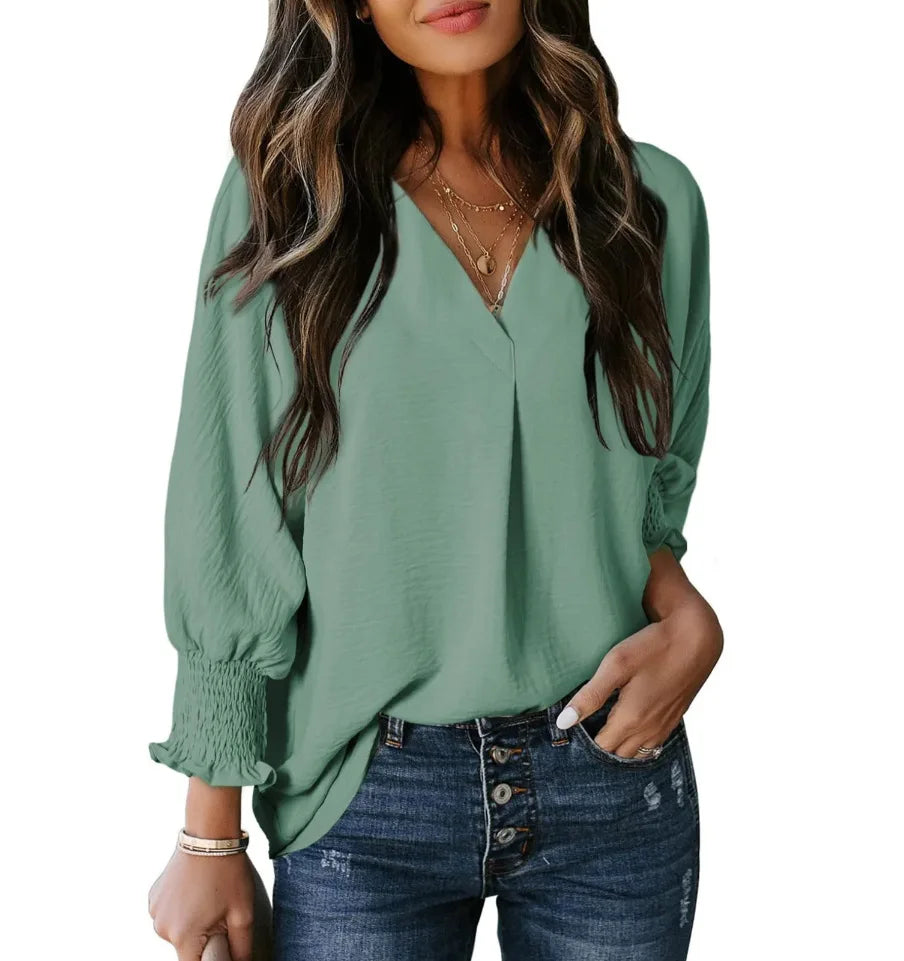 Chemise à col en V et manches longues lanterne pour femmes