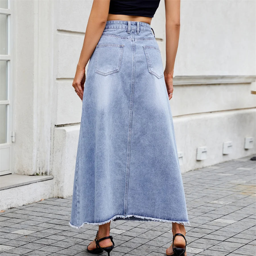 Jupe longue en jean vintage à poches amples et ourlet brut pour femmes