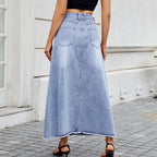 Jupe longue en jean vintage à poches amples et ourlet brut pour femmes