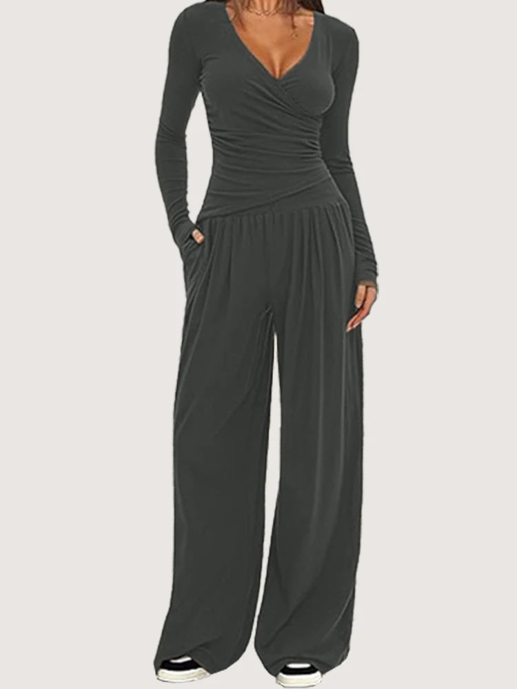 Ensemble deux pièces pantalon à jambes larges et haut à manches longues pour femmes
