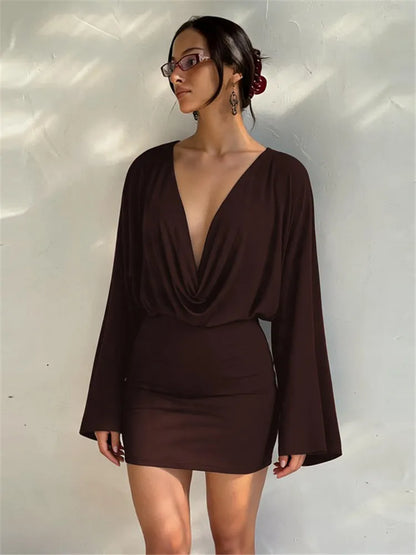Robe fourreau femme marron à col volanté