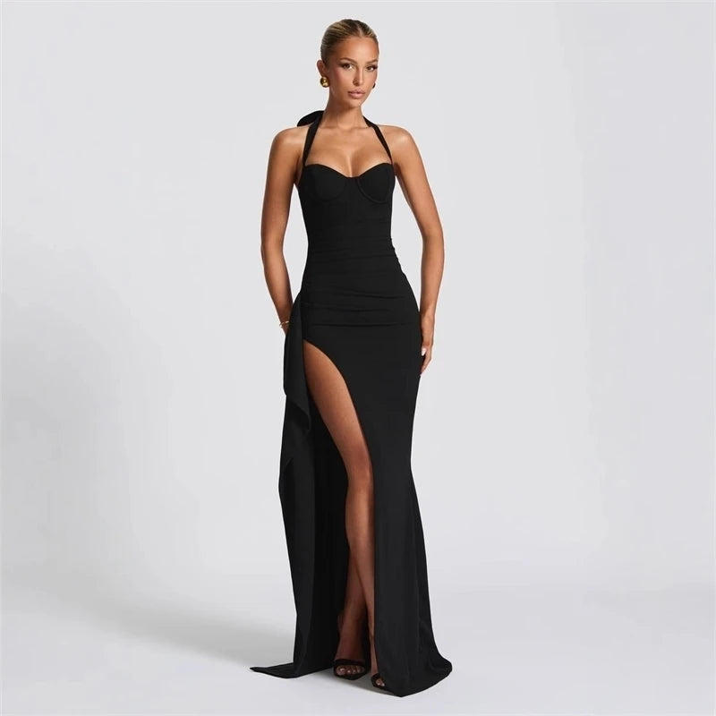 Robe longue sexy dos nu pour femme, style mode, avec lacets, sans manches, taille haute, fente cuisse haute, moulante, pour soirée et club