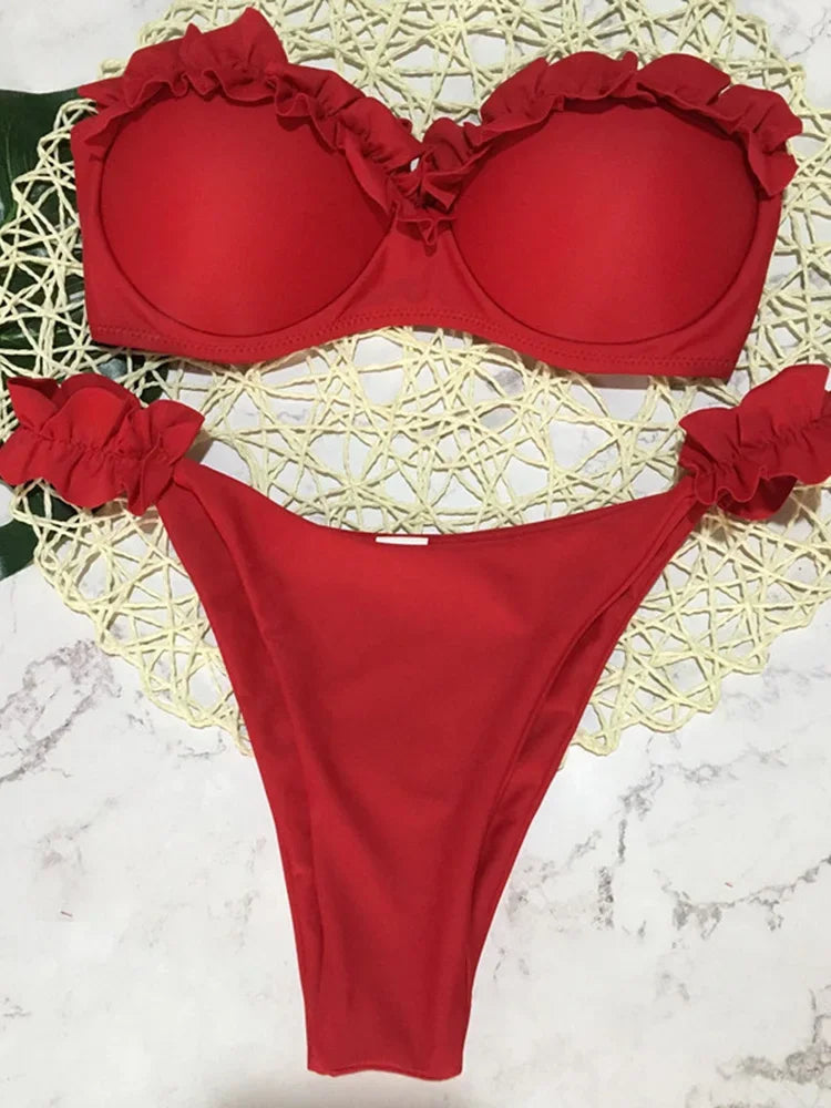 Ensemble maillot de bain deux pièces léopard à volants pour femmes