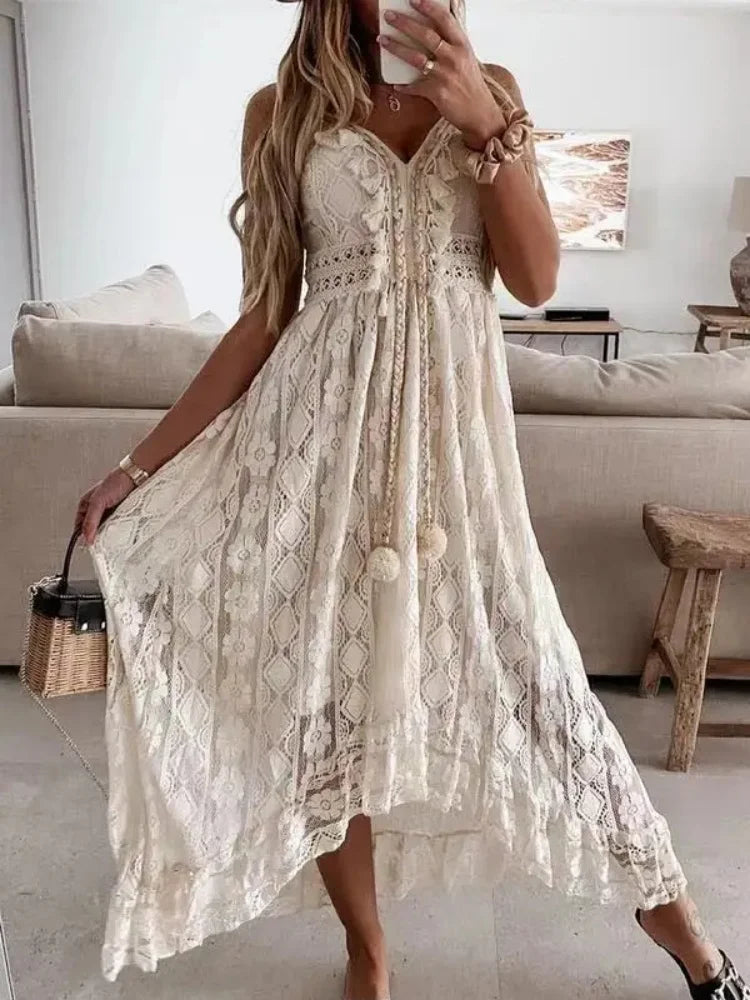 Robe Longue d'Été Femme – Dentelle et Col V