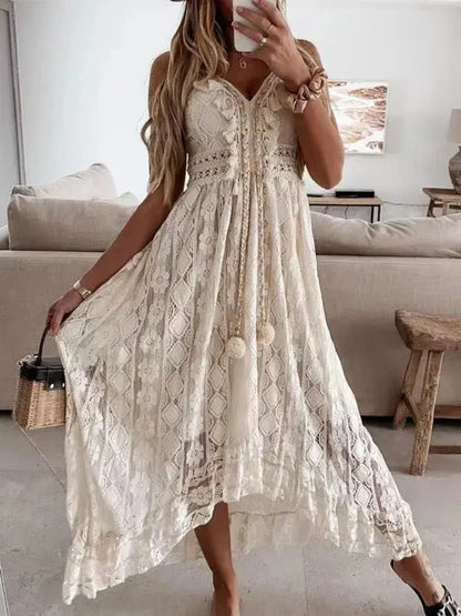 Robe Longue d'Été Femme – Dentelle et Col V