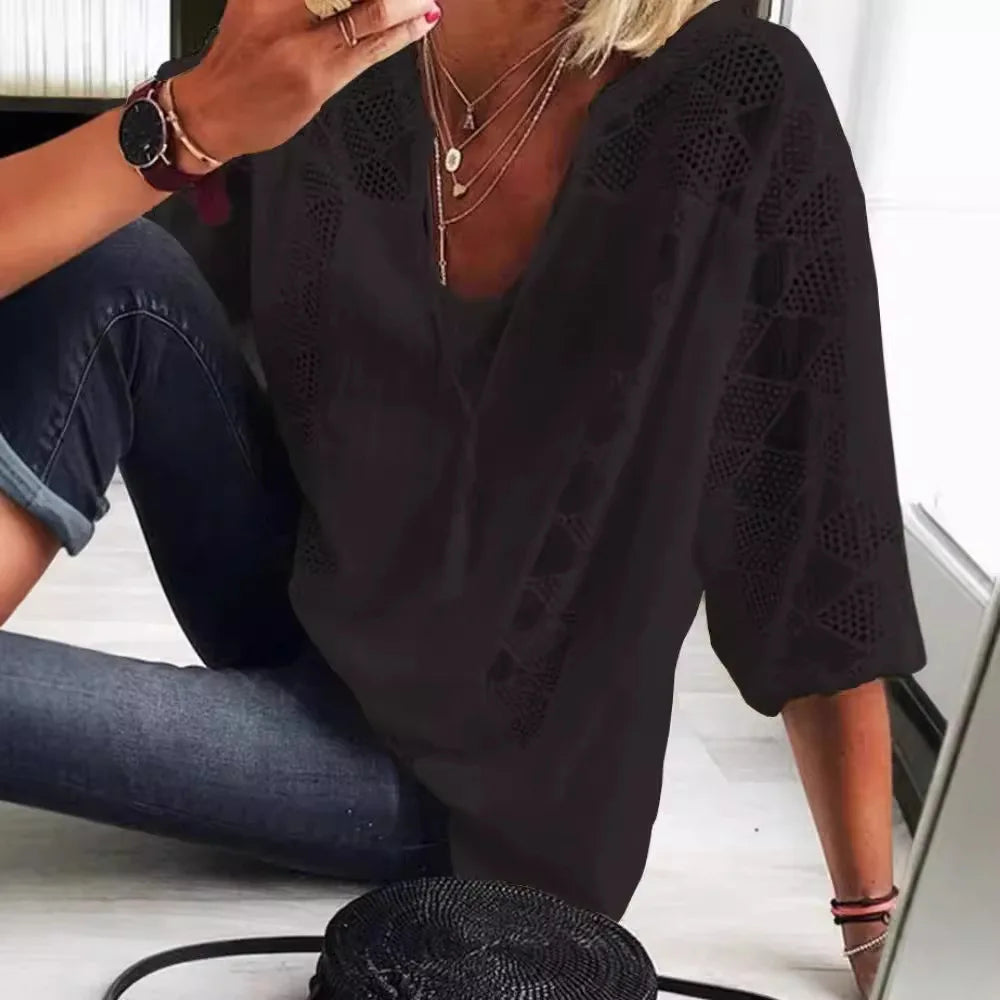 T-shirt à col U et manches trois-quarts pour femmes