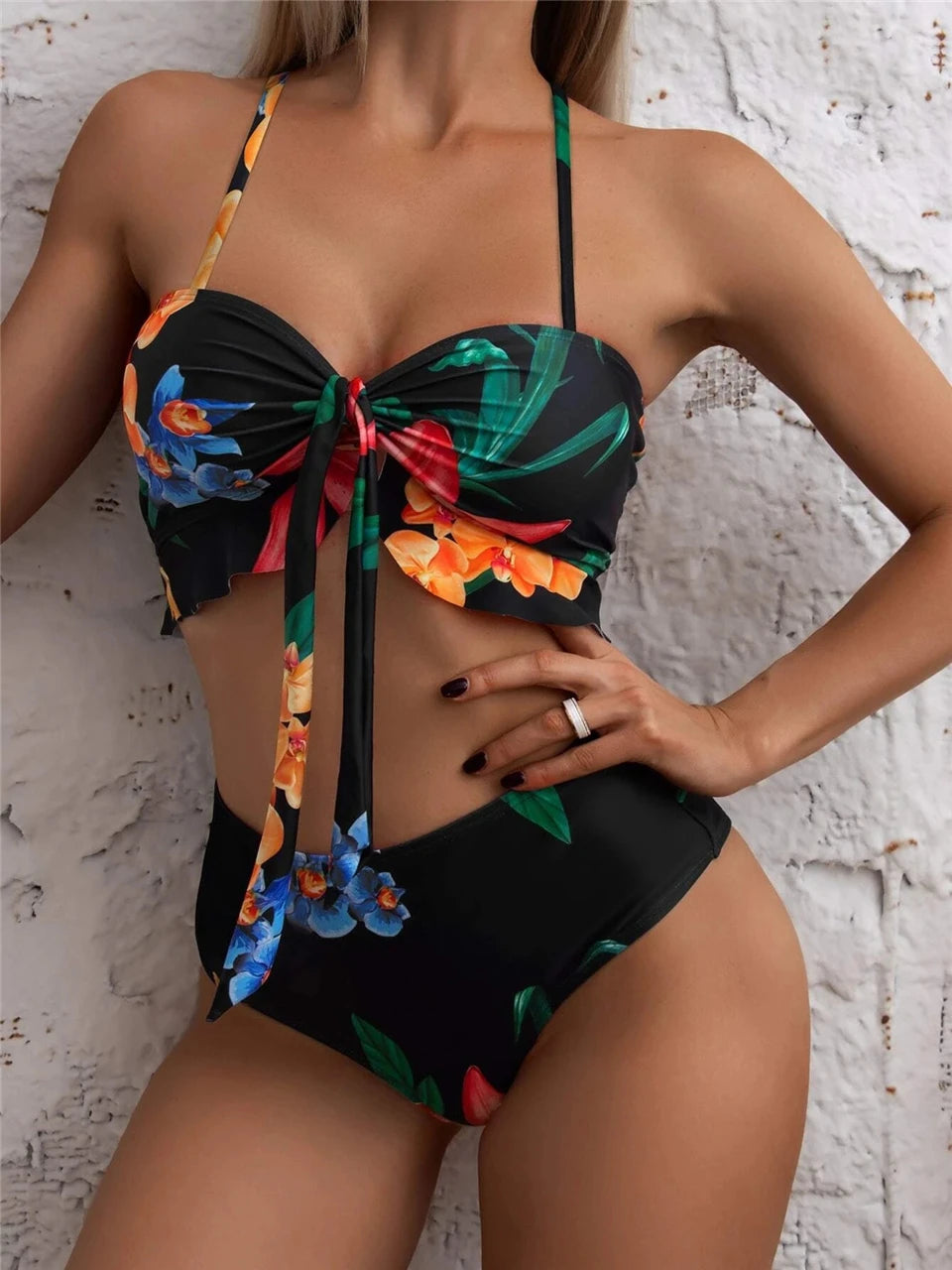 Maillot de bain 3 pièces à cordon de serrage pour femmes