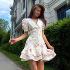 Robe d'été imprimée à manches bouffantes et à volants pour femmes