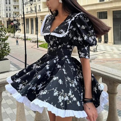Robe d’Été Noire Femme – Imprimé et Col Claudine