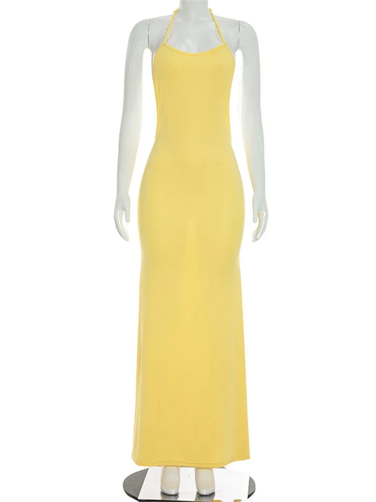 Robe sirène femme jaune à dos nu