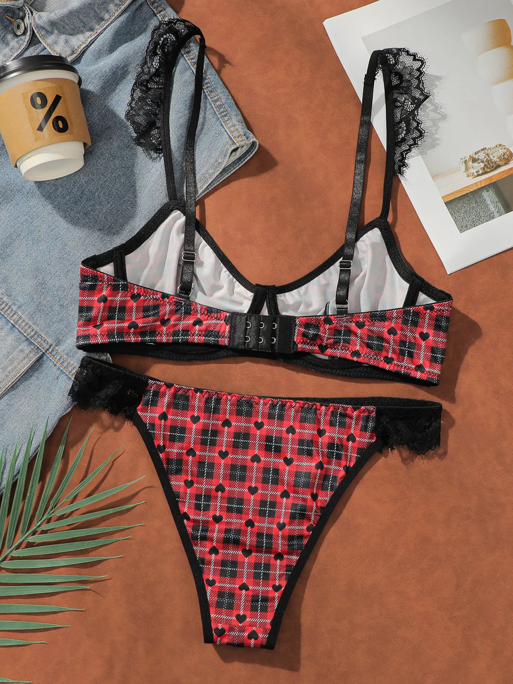 Ensemble de lingerie sexy en dentelle à carreaux pour femmes