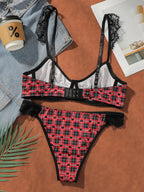 Ensemble de lingerie sexy en dentelle à carreaux pour femmes