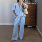 Ensembles deux pièces T-Shirt court haut + pantalons longs pour  femmes