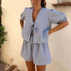 Ensembles chemisier à manches bouffantes et short vintage à carreaux pour femmes