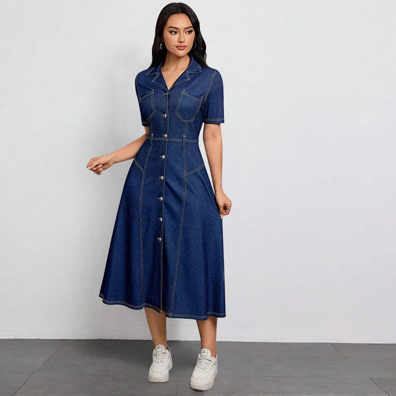 Robe longue en jean à simple boutonnage et col cranté pour femmes