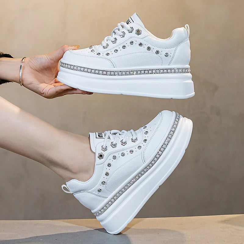 Baskets en cuir véritable compensée et strass pour femmes