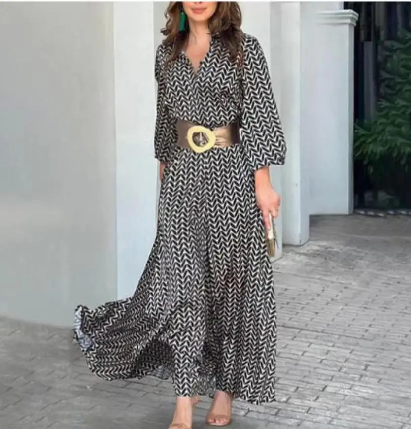Robe longue noire imprimée à col en V pour femmes