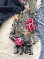 Bodys vintage broderie gaze col montant à manches longues pour femmes