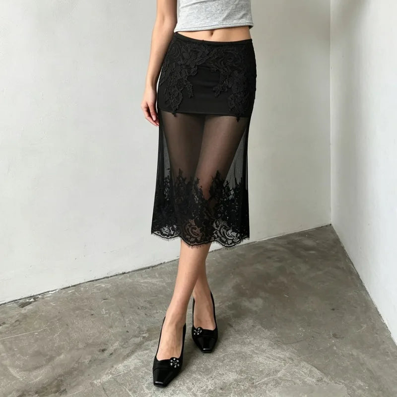 Jupe sexy en maille florale transparente pour femmes
