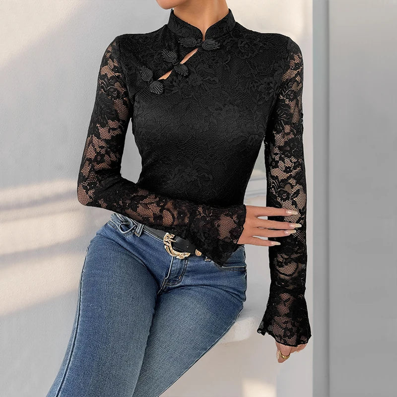 Body moulante en dentelle noire brodée pour femmes