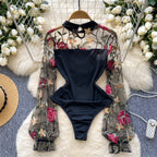 Bodys vintage broderie gaze col montant à manches longues pour femmes