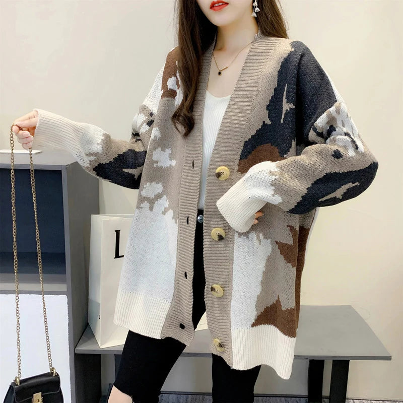 Cardigan tricoté imprimé couleur bloquée pour femmes
