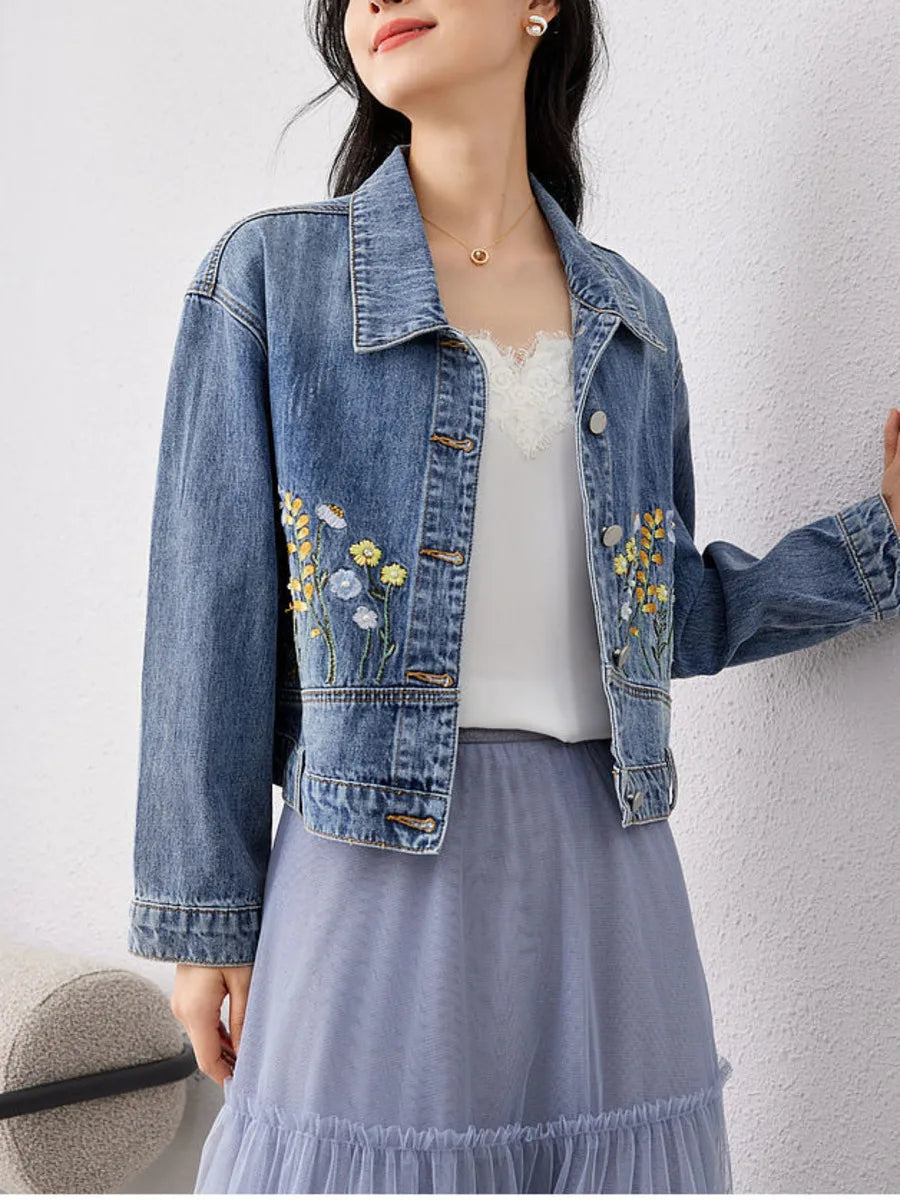 Veste en jean brodée florale pour femmes