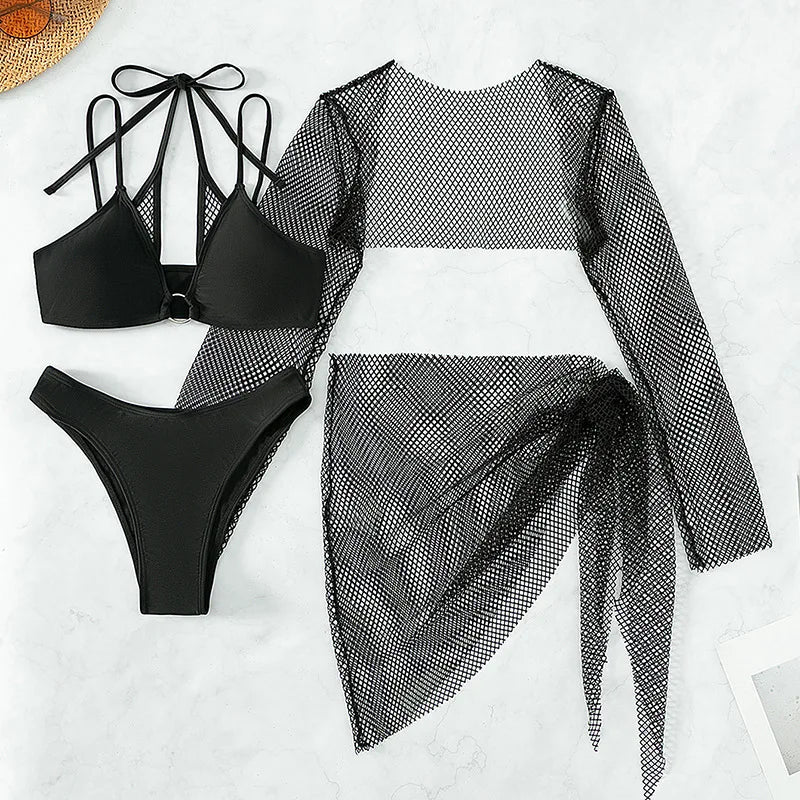 Maillot de bain 4 pièces à manches longues résille pour femmes