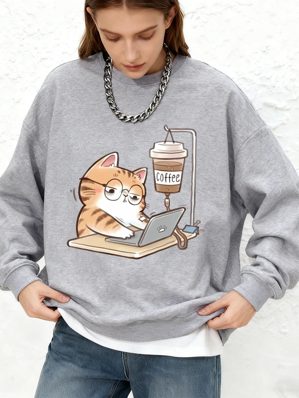 Sweat-shirt imprimé « Chats au travail avec du café » pour femmes