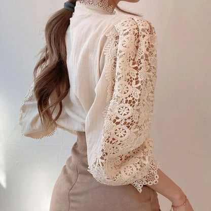 Chemise Rétro Femme – Dentelle Ajourée et Coupe Décontractée