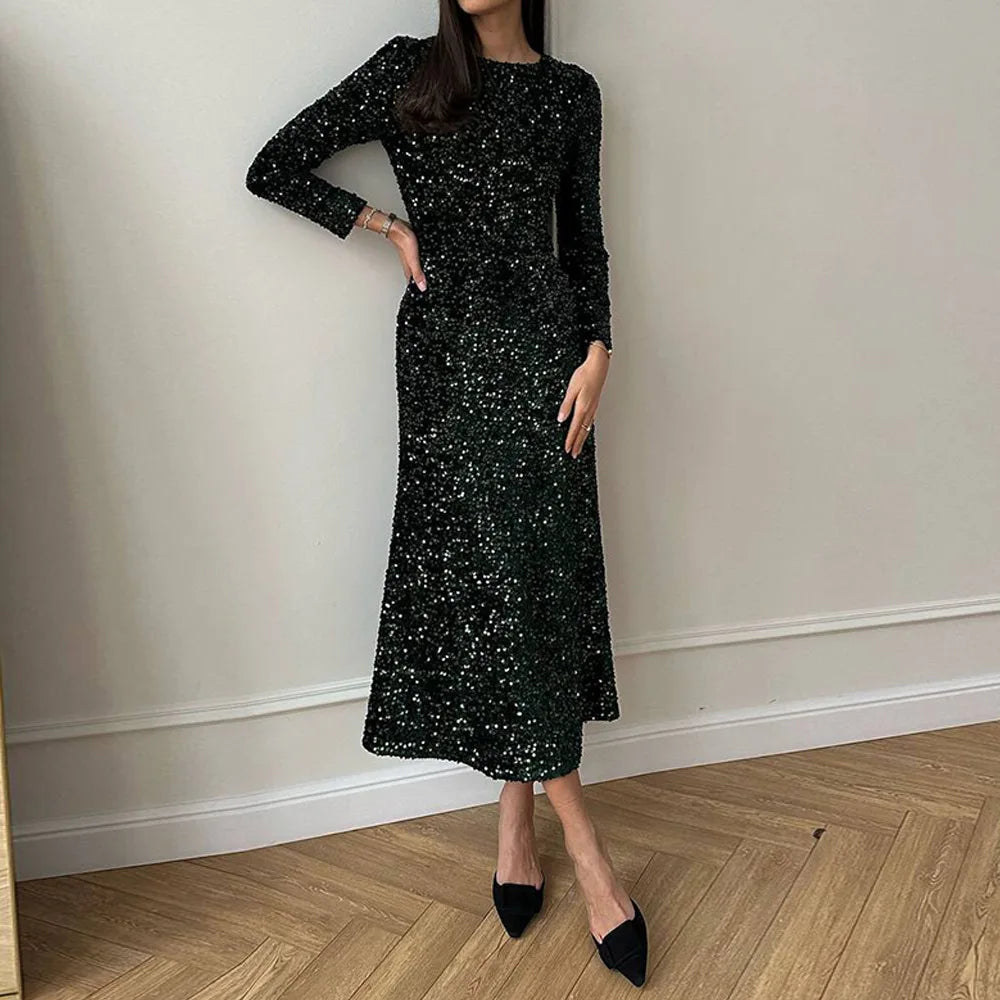 Robe de soirée femme en velours à paillettes